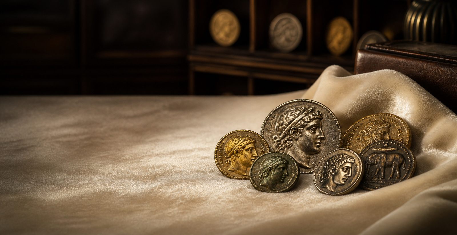 Ancient coins arranged in a private museum-style collection