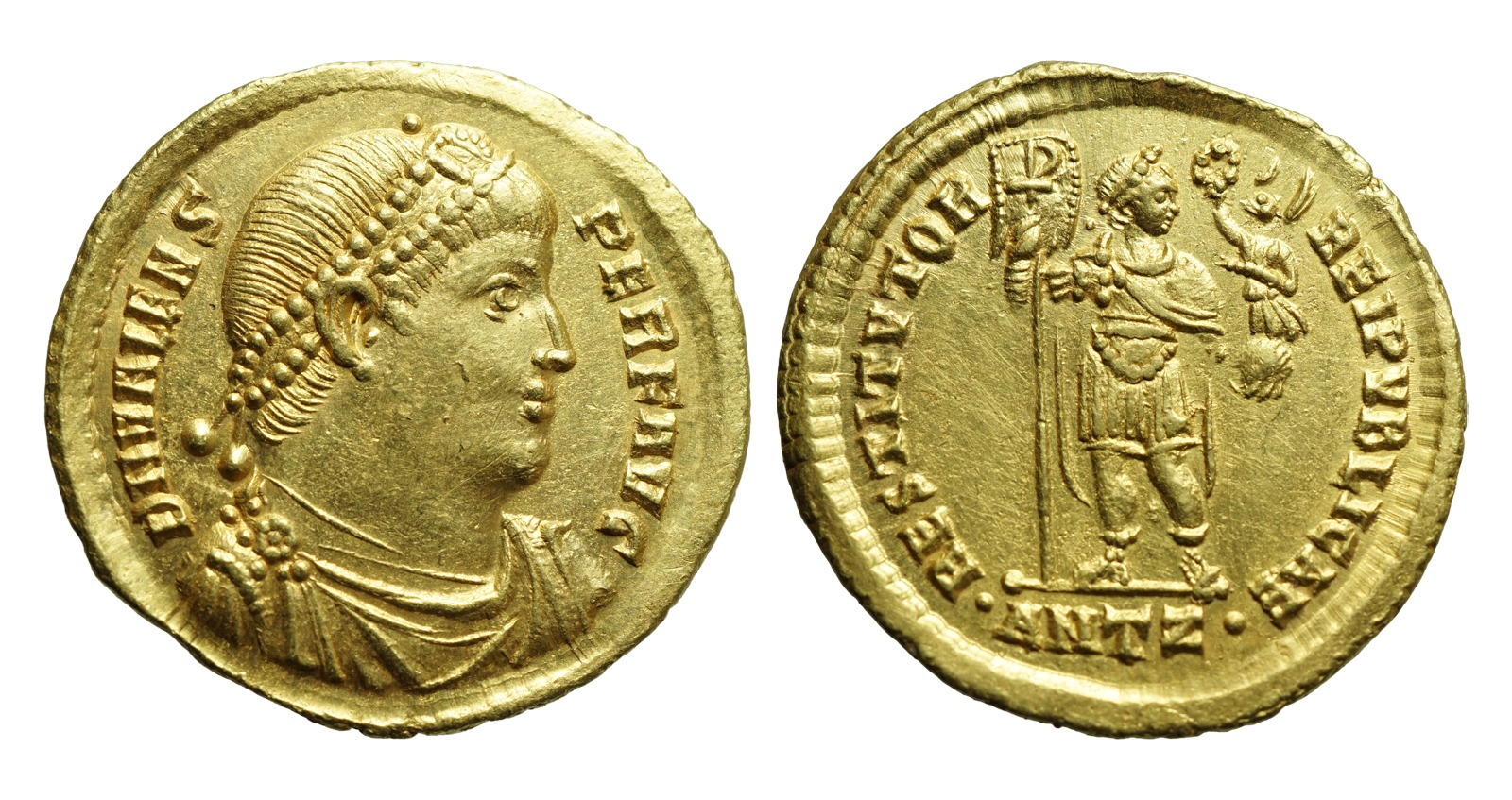 Valens solidus with emperor standing and Victoria on globe